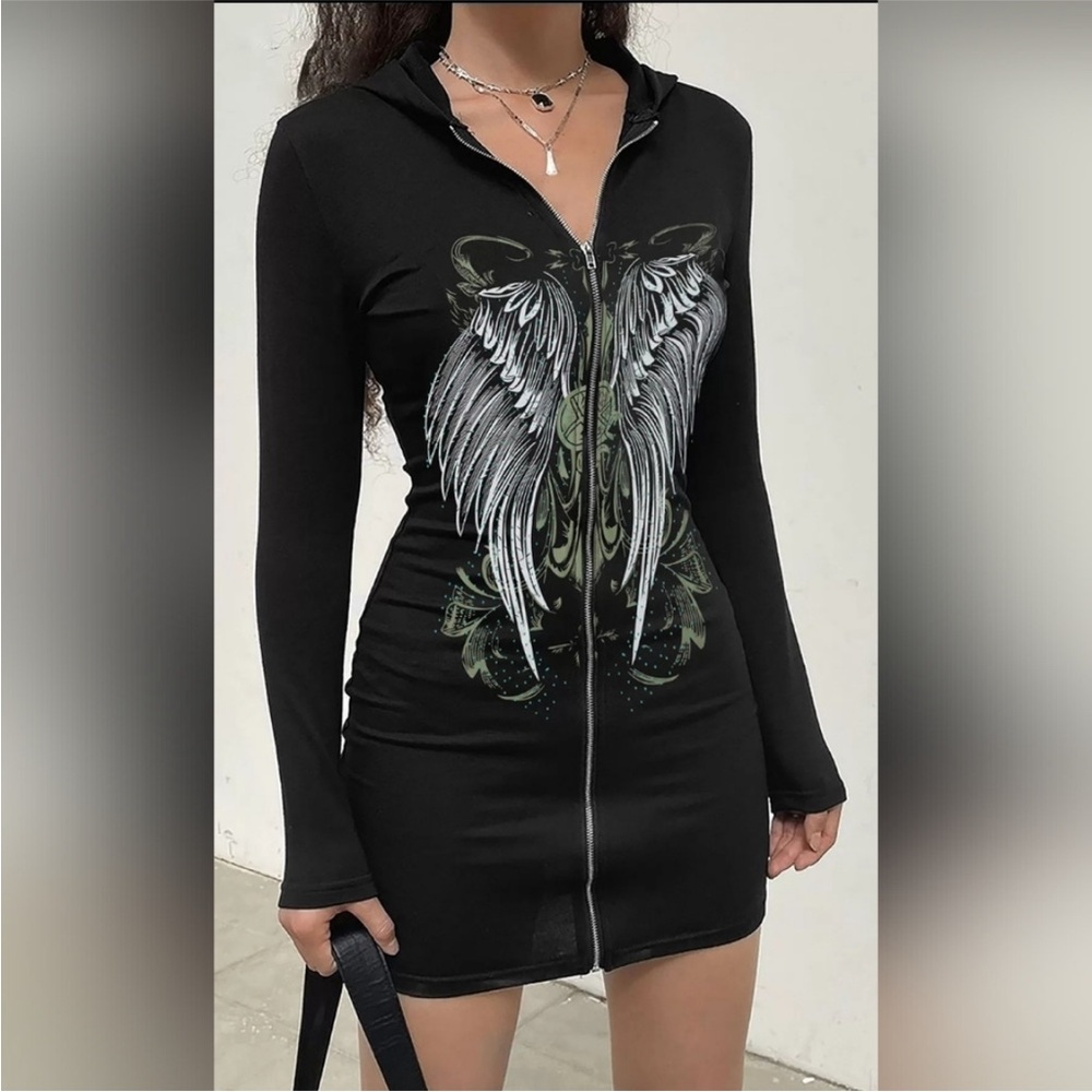 Black Long Sleeve Dress with Angel Wing Design